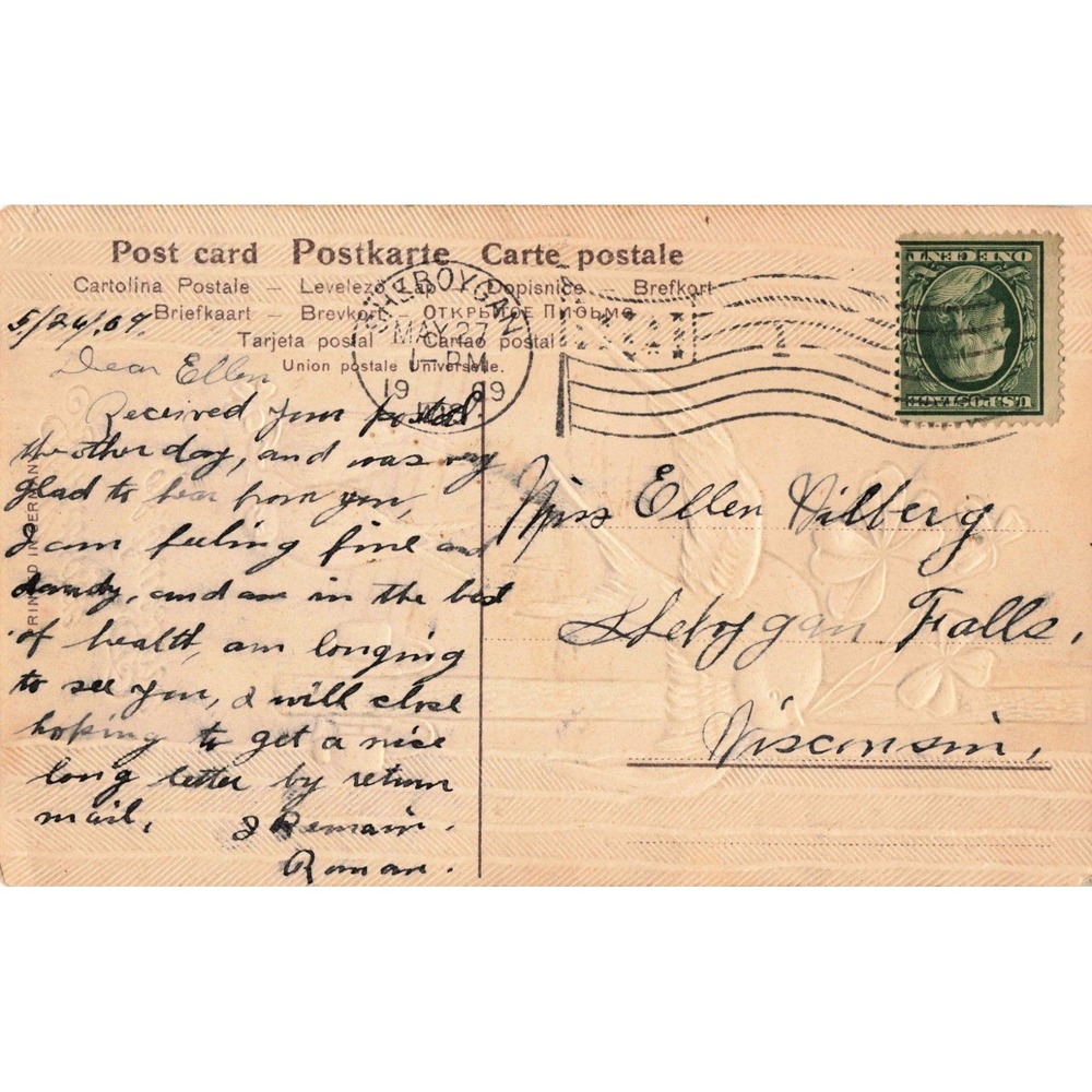 1909 Sheboygan Falls WI Postcard Swallows Clover Message True Love Embossed - Picture 2 of 2